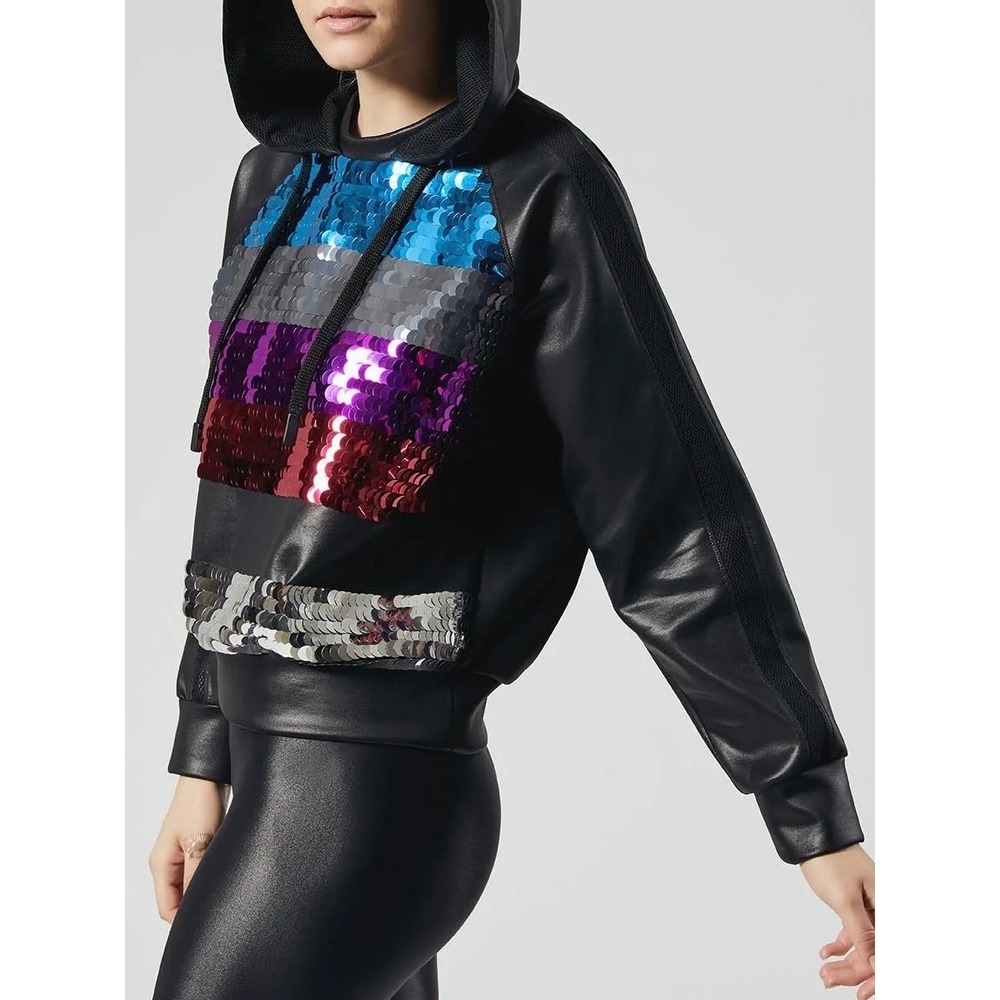 No Ka'Oi Sequin Hoodie Faux‎ Leather Trim Pullover Athleisure Top 00